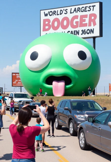 <lora:Roadside_Attraction_Assembler_FLUX_r1-000007:0.85>   
Photo depicting a surreal scene at a "world's largest booger" roadside attraction, along with people taking photos of it and cars parked near it.