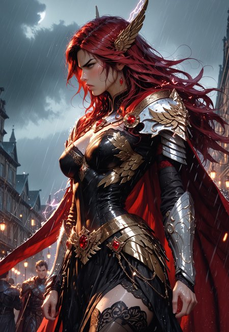 safe_pos, profile view of 1girl, sfw, gorgeous, freckles, shiny wet skin, detailed skin, detailed face:2, fierce:2, angry, snarling, growling, intense glare, perfect large eyes, black pupils:1.5, glowing eyes, long hair, red hair, deep red hair, dark red hair:2, cloth tunic, saggy breasts, breasts covered:1.5, nipples covered, cloth stretched tight over breasts, showing slight skin, valkyrie wings:2, flaming halo, decorative mystic armor, dark blue armor:2, matching armor, armored skirt:2, flowing skirt:2, skirt:2, flowing cape, intricate armor, shiny armor, perfect hands:2, perfect fingers, eyeliner, relaxed hands, thigh highs, leggings, armored thighs, exposed upper chest, exposed lower thigh, showing slight leg, walking pose, cape billowing in the wind, turned, 
BREAK
smoking battlefield, outdoors, rain, rainy day, dark sky, dusk, lightning strike:2, stormy sky, lightning in sky, streaming banners, fires, 
BREAK
score_9, score_8_up, score_8, masterpiece, best quality, official art, extremely detailed, absurdres, high definition, photorealism, detailed shading, high contrast, ambient occlusion, 
BREAK
dynamic angle:1.5, cowboy shot, focus face, profile shot,  Dutch angle, 

expressiveh, comicbookpage style, mythp0rt, 