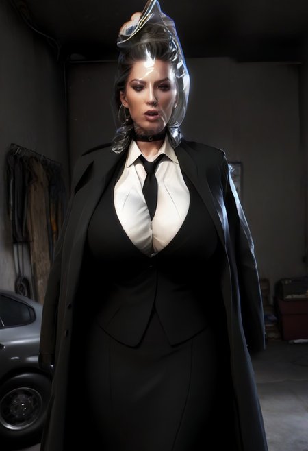 (Sexy busty) woman with (gigantic breasts)+++ and (large high hair updo)+++ (plastic bag)+++ (bag over head)+++ mafi4, necktie, gloves, suit, white shirt, black vest, black skirt, coat, (in a garage)+++
