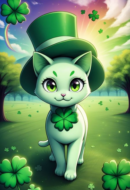 ((masterpiece, best quality)), high resolution, 32k picture,    ShamrockWorld, clover, four-leaf clover, light particles, outdoors, sky, field, rainbow, looking at viewer, hat, green eyes, bokeh, no humans, animal, cat, green headwear, animal focus, clover, four-leaf clover   ,<lora:ShamrockWorldXL:1.0>, zPDXL