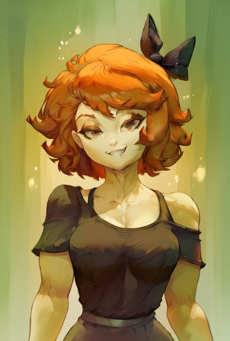 score_9, score_8_up, score_7_up, score_6_up, score_5_up, simple,  looking at viewer, smiling, simple, <lora:derpina-10:1> derpina, 1girl, short hair, hair bow, medium hair, orange hair, black dress,, white skin,,  <lora:wyatt:1> wyatt <lora:Cutesexyrobutts:1> Cutesexyrobutts