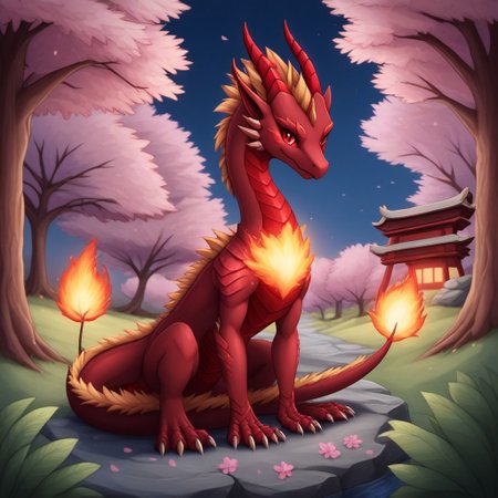 red Dragon, small red dragon, glowing, flowers, full body, facing the camera, plants, Japanese Temple, cherry blossom trees,  red and gold flame swirling in the background,
