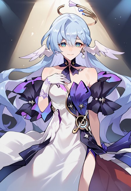 score_9, score_7_up, source_anime, BREAK solo,  <lora:Char-HonkaiSR-Robin-Pony-V1:0.9> robin \(honkai: star rail\), head wings, halo, earrings, detached collar, sleeveless dress, detached sleeves, white gloves, blue pumps, light smile, (hand on own chest:1.2), outstretched arm, stage, spotlight,  <lora:Ban!_(bansankan)_PonyXL_style_v01:1>