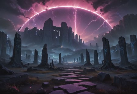 Arcane ruins at night, zavy-mthcl , arcane ruins night time, stars in sky, glowing runes on the arcane ruins. pretty
