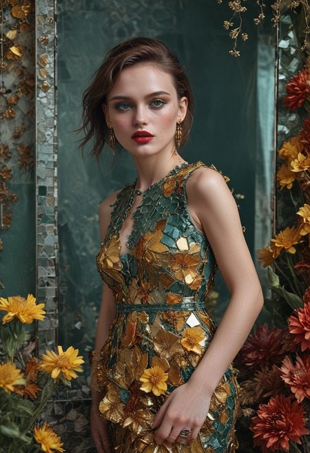 Prada Cover 
High definition, against the background of dried flowers, Spanish model of the 90s, 
A crooked pose, a mirror mosaic. a cocktail green and yellow dress made of large fragments of a mirror, a glass bead, earrings, a seductive, bright image.Smoky smokey eyes.
instagrammed red lips, elegant narrow straight nose, languid look, expressive cheekbones, aesthetically pleasing, beautiful, high fashion, fashion, couture, realistic, professional photo, 128k, high detail, ISO 200