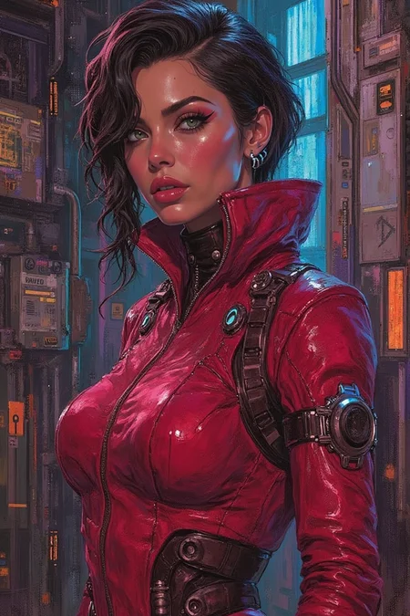 A powerful and commanding woman with a striking presence, wearing a sleek, form-fitting latex outfit in bold, vibrant colors—deep crimson accented with electric blue details and sharp metallic embellishments. Her outfit includes a high-collared jacket and gloves, exuding a futuristic yet stylish aura. Her jet-black hair is styled into a sharp, asymmetrical bob, with a few streaks of vibrant color to match her attire. Her piercing, sharp green eyes radiate confidence and authority, accentuated by bold eyeliner and a strong, defined jawline. She stands in a dramatic pose, her gloved hand resting on her hip, in front of a background of neon lights and metallic textures that emphasize her commanding energy. The illustration is rendered in a high-gloss, semi-realistic style with rich, saturated colors and intricate detailing on the latex material, reflecting light with stunning precision,Ar89,concept art