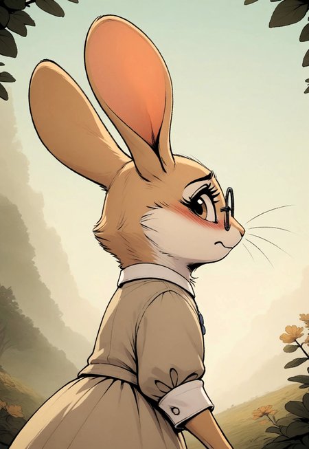 score_9, score_8_up, score_7_up, score_6_up, score_5_up, score_4_up, m0use_goldie, in the style of Beatrix Potter, (((rabbit))), (feral:1.2), (cute:1.2), (light beige fur:1.5), light brown eyes, glasses, dress, outdoors, nature, grass, (low angle view, side view:1.5), (upper body shot, close up:1.5), look at viewer, (nervous expression:1.5), (rabbit ears:1.5)