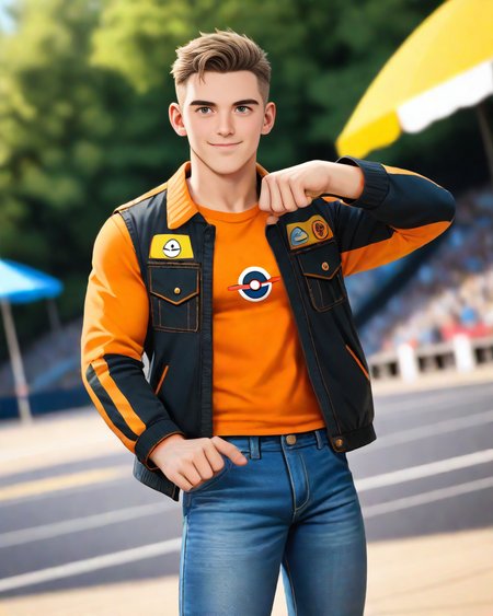 masterpiece, best quality, amazing quality, 1boy, solo, masterpiece, best quality, cowboy shot, ((handsome man:1.2, light skin)), black and white jacket, orange shirt, jeans, lose shirt, looking at viewer, dynamic action, expressive cute face, cute pose, male focus, 1boy, solo, cowboy shot, from side, depth of field, masterpiece, best quality, amazing quality, very aesthetic, absurdres, newest, very awa, shadow, dynamic angle volumetric lighting, <lora:Bree_Style-000019:0.6>, breeze style, muscular man, pectorals, pokemon \(creature\)