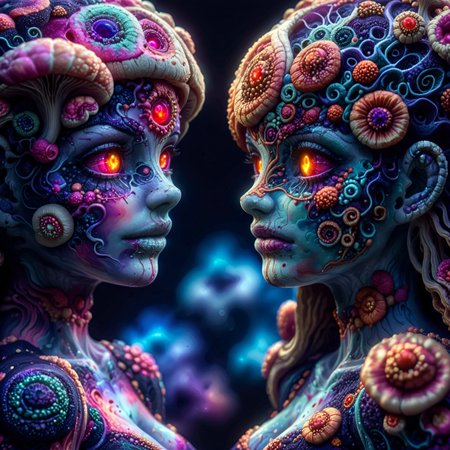 embedding:urn:air:sd1:embedding:civitai:530083@668135, fungal_world, multiple girls, wearing mushroom tights, magenta sclera, cosmic sea in eyes, veiny fungal skin, magenta bloody tears,PsychadelicChaos, (glossy, oily overlay)
