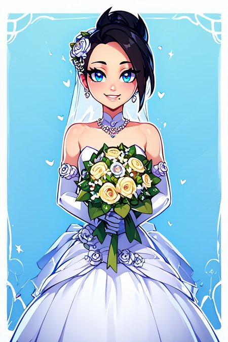 score_9, score_8_up, score_8, medium breasts, (curvy), cute, eyelashes,       BREAK, , zzMai, black hair, blue eyes, mole, mole under mouth, short hair, eyelashes,<lora:MaiPokemon_PDXL:0.7>, , BREAK, smile, looking at viewer,  bride, wedding dress, bridal veil, strapless dress, elbow gloves,  holding bouquet,  hearts, white outline, cowboy shot, embedding:zPDXL, Expressiveh,  <lora:CatalystStylePDXL:0.5>,  <lora:LFashionPDXL:1>,  <lora:Uncensored_PonyXL_cpt_v02.09:0.4>,  <lora:Expressive_H-000001:0.4>,