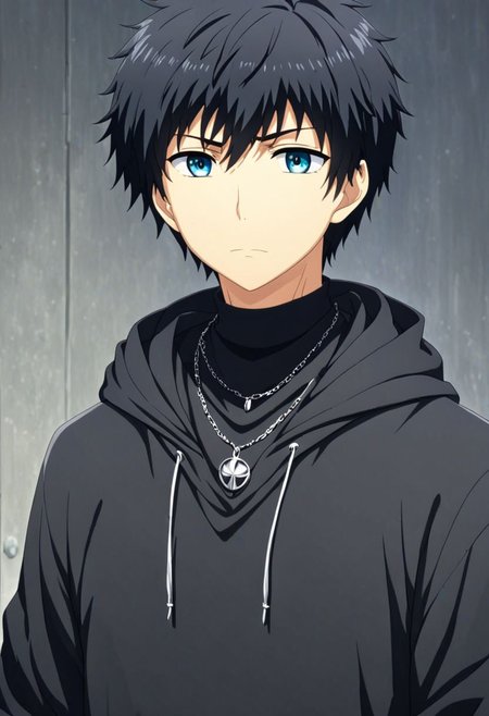 high resolution, solo, best quality, 1Boy, Arata Kaizaki, Black Hair, bangs, necklace, choker, hair between eyes, Hoodie, OverallDetail
