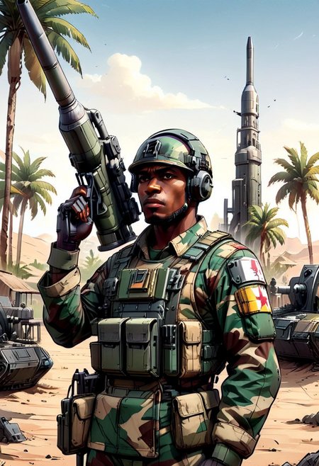 ((((outside))), day, (graphic novel style, dark novel style, 2d:1.5),(anime), (masterpiece:1.4), (colourful, soft cinematic light:1.1), incredibly lifelike, Extremely high-resolution details, 8k, best quality,extremely detailed, contrast, colorful,
portable anti-aircraft missile system,  African soldier in military uniform holds a portable anti-aircraft missile system
palm trees,
courtyard inside the palace, sand, desert,