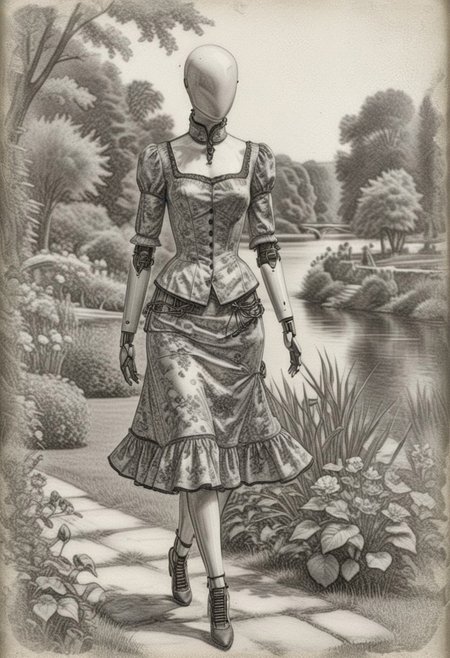 Pencil monochrome black and white drawing of a bald female faceless mannequin with robot joints wearing victorian dress, walking in a garden, next to the river, nature and florals <lora:VintageDrawing01-00_CE_SDXL_128OT:0.6>