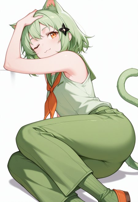 masterpiece,high quality details, absurdres, 
lying on side, one arm supporting head, relaxed legs, soft smile, casual vibe,  ,
 <lora:Mao_Kusagakure:0.8>
mao_cnr, 1girl, green hair, short hair,orange eyes, cat ears,cat tail,hair ornament,, ;3,, simple background, white background, from side,solo,, waistcoat   ,sailor shirt  ,pleated pants,  ,ribbed legwear,