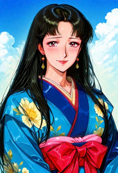 RTKXI style, 1990s_\(style\),retro_artstyle,1woman,mature female,black_hair,long_hair,bangs,blue_Japanese_Kimono,earrings,looking at viewer,,(detailed face,shy,smile,red_lips), ,outdoor,blue_sky,cloud,BREAK score_9, score_8_up, score_7_up, source_anime,masterpiece, best quality,official art,perfect_anatomy
 (best quality) , (highly detailed) ,((masterpiece)), ((best quality)), (ultra-detailed), ((extremely detailed)), (high resolution), 4K, (8K), best quality, (beautiful), (dynamic lighting),