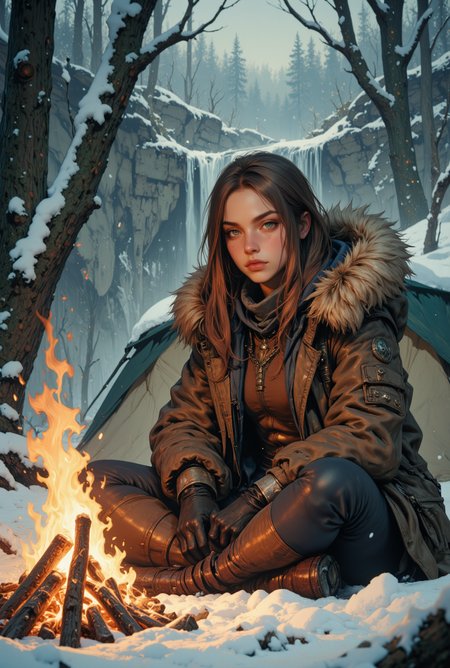Image is a wide angle high resolution close up digital artwork featuring a beautiful female adventurer camping in a winter forest. She has long brown hair with blue eyes and is wearing a fur winter coat with leather and gloves. She's sitting in the snow next to a campfire. This is set in a snow storm. Behind her is a tent. In the background is snow, dead trees, river, waterfall. Focus on her face and intense focus. <lora:FluxMythR3alisticF:0.5> <lora:FluxMythG0thicL1nes:0.6> <lora:FluxMythR3tr0Style:0.6> <lora:OBååå®èåç»V2.0:0.6>