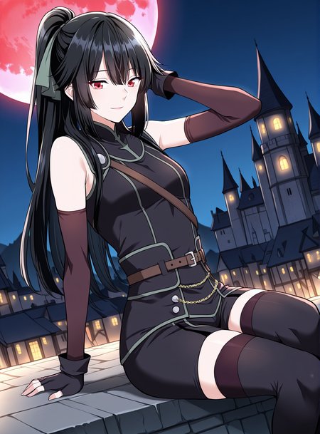 <lora:Jasmine_Flamesworth__The_Beginning_After_the_End__Illustrious:1>
1 girls, solo, red eyes, black hair, long hair, ponytail, bangs, hair between eyes, sidelocks, small breasts
hair ribbon, black gloves, fingerless gloves, elbow gloves, thighhighs, belt, sleeveless, black short, bare shoulders
score_9, score_8_up, score_7_up, very aesthetic, source_anime, detailed, high quality, beautiful, masterpiece, detailed eyes, castle, village, blurry background, cityscape, pose dynamic angle, light smile, open mouth, hand on hair, sitting, night, red moon