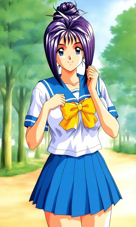 general,highres, ultra-detailed,very aesthetic,best quality ,best hands, BREAK <lora:Katagiri_Ayako_Tokimeki_Memorial_IS:1>
Katagiri_Ayako(Tokimeki_Memorial), 1girl, solo, blue eyes, purple hair, single hair bun, short hair, bangs, large breasts,
blue school uniform, serafuku, jewelry, yellow bow, Yellow bow, blue skirt, blue sailor collar, white shirt, pleated skirt, short sleeves, outdoor, tree, sky,
smile, pleated skirt, outdoor, tree, sky,