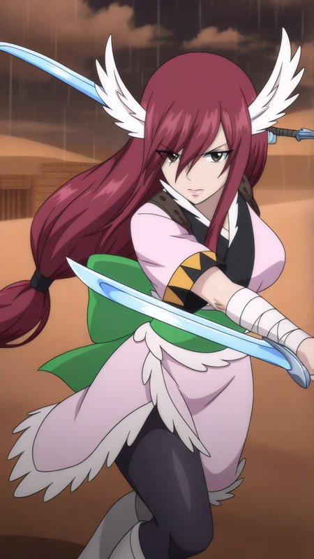 masterpiece, best quality, very aesthetic, absurdres, BREAK, 1girl, looking at viewer, cowboy shot, 
<lora:WindGod_Erza_Illu_Dwnsty:0.8>, erz_windgod, brown eyes, red hair, long hair, low-tied long hair, head wings, bandaged arm, knee boots, pantyhose, pink kimono, sash, pink dress, wings, green bow, white footwear,
large breasts, lips, serious, holding weapon, sword, fighting stance, dynamic pose, dual wielding, 
outdoors, cloudy sky, rain, village, desert, autumn,