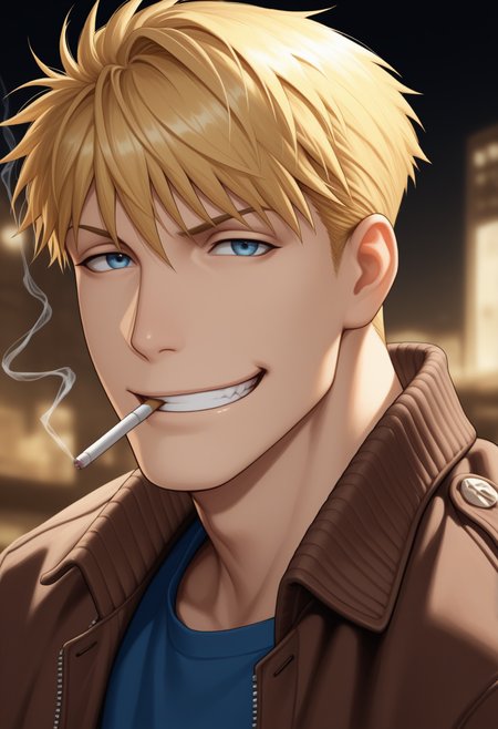 masterpiece,best quality,
1boy,
<lora:jean_havoc_NAI_EPS_1_0_CAME_v1_rev2:1> j34nhvc, blonde hair, blue eyes, short hair,
looking at viewer,
brown jacket, open jacket, blue shirt, grin, cigarette, mouth hold,
upper body,
depth of fieldâââ