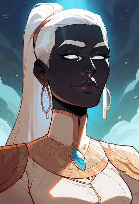 score_9, score_8_up, score_8, score_7_up, score_7, score_6_up, score_6, score_5_up, Score_5,human female, obsidian black skin, onyx black skin, round eyes, white eyes, small eyes, beautiful face, aesthetic face, narrow face, narrow nose, long nose, round ears, white eyebrows, long white hair, high ponytail, very tall, curvy, elegant, royal, aristocratic, majestic, chin up, seductive smile, slender. Silver jewelries. White jewelries. Blue jewelries. Lots of jewelries. White bracers, tight white dress,, vox machine style, 1girl, female focus, solo, portrait,   background of snow-covered landscape, fantasy, (dynamic lighting:1.1)
((masterpiece))