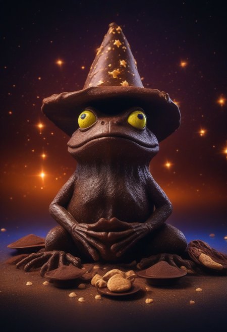 (chocolate frog with a wizard hat made of chocolate with googly eyes), eating chocolate goo, sharp teeth,  surrounded by chocolate chips
 Close up, space stars background.
(skeleton glowing)
zavy-flrscnc, fluorescent, fluorescent spraypaint,