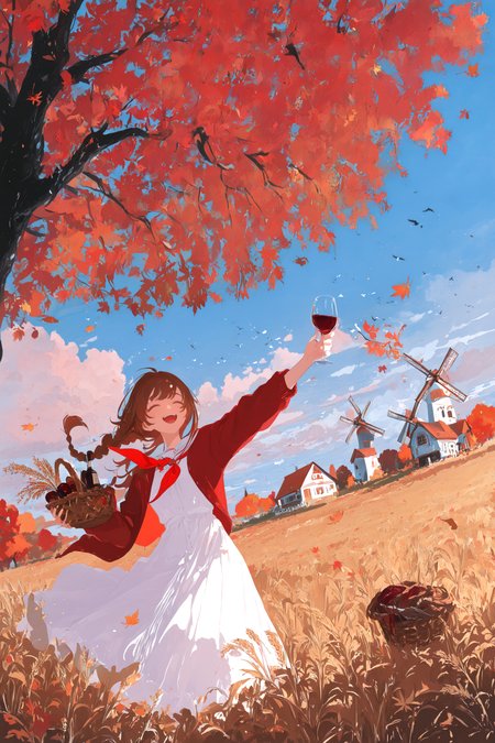 masterpiece, best quality, good quality, very awa, newest, highres, absurdres, 
1girl, solo, long hair, smile, open mouth, brown hair, dress, holding, closed eyes, braid, outdoors, teeth, sky, day, cloud, white dress, blue sky, cup, tree, neckerchief, upper teeth only, bird, leaf, cardigan, grass, cloudy sky, holding cup, red jacket, red neckerchief, drinking glass, alcohol, basket, wine glass, autumn leaves, field, house, wine, autumn, falling leaves, wheat, windmill, limited palette, h4ra_illu <lora:illustriousXL_stabilizer_v1.23:0.3> <lora:NOOB_vp1_detailer_by_volnovik_v1:0.3> <lora:ponyv6_noobE11_2_adamW-000017:0.3> <lora:114558v4df2fsdf5:0.7> <lora:XXX667:0.4> <lora:mon_monmon2133:0.7> <lora:hara_id_21:0.6>