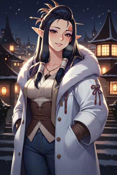 score_9, score_8_up, score_7_up, source_anime, 1girl, prefect lighting, very aesthetic, intricate details, highly detailed background, masterpiece, high quality, prefect hands, best quality, solo,
<lora:Third_Fleet_Master_MHW_V1:.85>, KJOtfm, elf, pointy ears, black hair, brown eyes, hair tubes, half updo, hairpin, feather hair ornament, long hair, forehead mark, purple eyeshadow, pink lips, big nose,
Fur coat, heavy coat, jeans, fur boots,
standing, light smile, teeth, hands in pockets, head tilt, blush, heavy breathing,
Night, city, winter, snow,
(Beautiful, medium Breasts:1.2), natural breasts,
