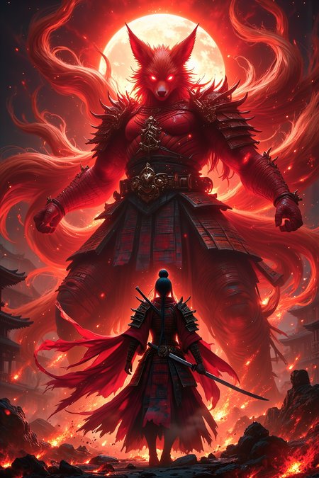 A colossal nine-tailed fox spirit with red and black markings on its fur stands before a crumbling ancient Japanese temple, evoking a sense of awe and ancient mysticism. Beneath a dark red sky that casts an ominous and intense glow over the scene, a fierce female samurai stands atop the giant fox. She is dressed in intricate, traditional samurai armor, gripping a sharp katana in one hand, her gaze filled with steely determination as she looks forward, ready for battle.
The foxâs nine massive tails fan out dramatically behind it, swirling with energy and adding a sense of motion and power to the scene. Floating dust and embers fill the air, giving the impression of a recent fierce battle or powerful magical encounter. The ground is littered with debris, swirling in the dark, mystical atmosphere.
The entire scene is rendered in high contrast with vibrant reds, oranges, and blacks, creating a hyper-realistic depiction of the fantastical moment. Every detail, from the samurai's armor to the fox's flowing fur, is captured with stunning precision. The surreal lighting from the dark red sky adds a haunting and otherworldly tone, highlighting the textures and forms with an ethereal, almost magical intensity.
<lora:FluxMythP0rtr4itStyle:0.85> mythp0rt
<lora:bokeh_flux_ntc:0.75>
<lora:Dever_Flux_Enhancer:0.5>
<lora:Aura_Flux:0.5>