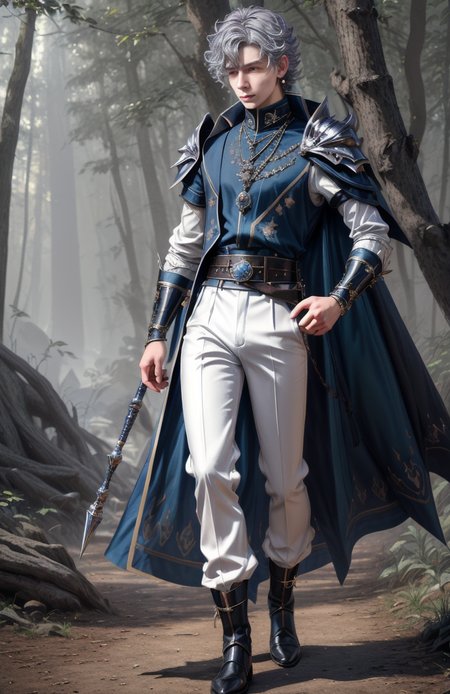 8k, wolf prince,   ((masterpiece)).((best quality:1.2)),  sharp focus, full body, head to toe, 1 young man, 22 years old, youthful appearance, male focus, dynamic pose,  silver colored hair, curly hair, EYESHD,  small testicle bulge, Nora outfit fur accents, Nora outfit bead necklaces, Nora outfit pants, Nora outfit hip quiver, Nora outfit leg guards, Nora outfit arm braces, Nora outfit belt with pouches, and Nora outfit fur boots,   defined body, thin waist, looking at camera, armor, he has a pet wolf,  detailed background a wooded clearing, a pet wolf standing nest to him,(absurdres) , <lora:more_details:0.5>, <lora:wrenchftmfshn>,<lora:add-detailxl:0.8>, <lora:Eyes_High_Definition-000007>, , <lora:lightup_brightness_v200:1>, <lora:Nora:1>