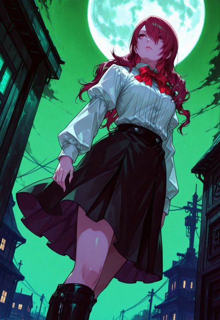 masterpiece,best quality,amazing quality,absurdres, 1girl, solo, p3mitsuru, p3mitsuru, kirijou mitsuru, long hair, red hair, hair over one eye, p3mitsuru-winuni, gekkoukan high school uniform, white shirt, long sleeves, puffy sleeves, bowtie, red bowtie, skirt, black skirt, knee boots, black footwear, hex_style, baddie, dark backgroumd, neon green background, full moon, night sky, looking up, dutch angle, from below, 