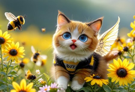 photorealistic 
a flying kitten with a sign around their neck, flying cat, cat bee hybrid, bumble bee fur, ((kitten has yellow and black striped fur)), (((bee wings))), blue eyes, (((Sign hanging around neck that says "Buzz Buzz"))), kitten is flying over a flower field with vibrant colors
1cat
highly detailed, aesthetic, great lighting, extremely detailed, award winning, perfect composition, a rich and complex image of nature, a vibrant tissue of hues and textures captured digitally, best quality, realistic, captivating, intricately detailed, hyper detailed, maximalist style, photorealist, sharp focus, dynamic lighting, superb composition, finest details, highest aesthetics, best quality, sharp focus, high contrast, stylized, clear, colorful, ultra quality, 8k, best quality, masterpiece,midjourneyv6.1
AP, no humans, animal focus, cat ,looking at viewer, animal,whiskers