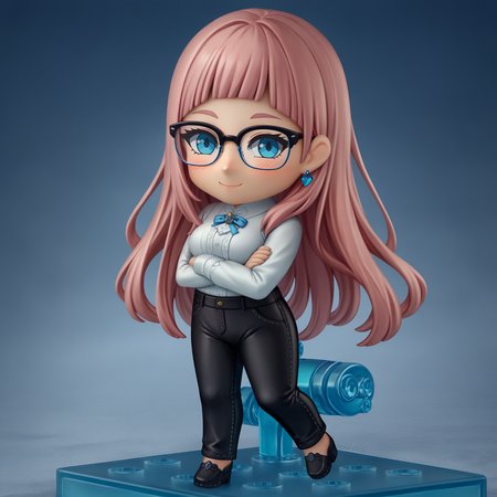 score_9, score_8_up, score_7_up, faux figurine, nendoroid, full body, figure, platform, solo, <lora:Nendoroid_pdxl_Incrs_v1:1>, <lora:felicia-fe-richy-v2_pdxl:1> flcrnd, blue eyes, pink hair, long hair, blunt bangs, breasts, white shirt, black pants, indoors, smile, blush, closed mouth, looking at viewer, earrings, <lora:raybanclubmaster-concept-richy-v1_pdxl:0.8>, r glasses, black-framed eyewear, crossed arms, shoes,, chibi,