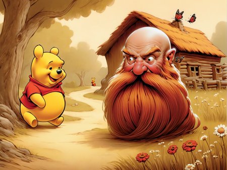 (Winnie the Pooh)
AND (Harry_Dwarf) hanging out,  <lora:Harry_Dwarf:1>, red long beard, braided moustache,  bald, field, flowers, butterflies, bees, log cabin in the background, (butterfly on nose), whimsical