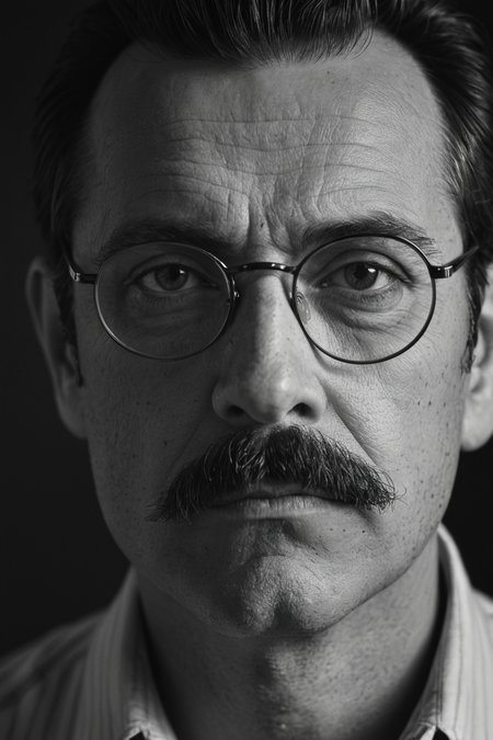 A close-up portrait of a man with moustache and glasses,looking serious into the camera. Black and white,high contrast,reminiscent of the cinematography of Freddie Young