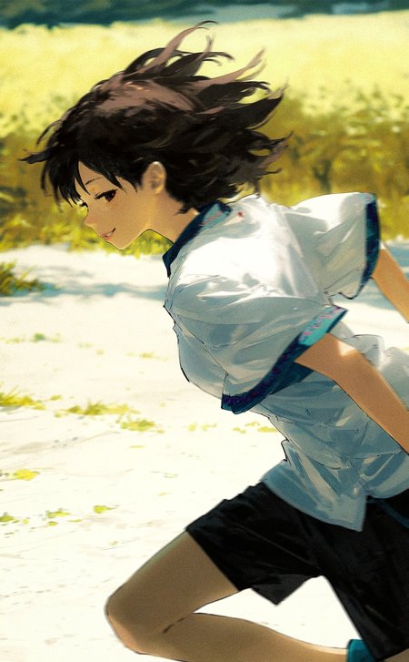 by kukka, by potg \(piotegu\), 
1girl, dynamic pose, leaning forward, from side, sideways glance, smug, lips, nose, running, 
depth of field, blurry background,  outdoors, scenery, textured hair, textured clothes, black shorts, white shirt, 
very awa, best quality, highres, masterpiece, very aesthetic,
<lora:nhl-003:0.85> nhl-003, 
<lora:nhl-004:0.6>  nhl-004,