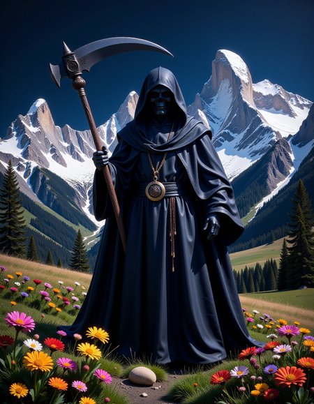 the grim reaper standing in front of the grand teton mountains in wyoming. At night the black sky is clear and light glints off of the snow covered mountains in the background. creeping shadow and darkness surround the grim reaper standing in the front of the picture. He is wearing black robes and is holding a scythe. He has an aura of ominous peril. colorful wilted wildflowers, highly detailed, intricate details,
<lora:FLUX.1-DEV_-_Decadence_Art_style_LoRA:0.65>decadent art movement
<lora:wow_details:0.75>
<lora:AntiBlur:1>
<lora:DreamArtFlux:0.75>DreamArtâââ