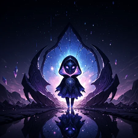smooth quality, masterpiece, best quality, highly detailed, realistic, realism, dynamic lighting, chibi, Veiled sentinel, backlit silhouette, obsidian and sapphire hues, mist-laden nocturnal realm, hypnotic ultraviolet gaze, crisp yet spectral presence, eerie celestial glow, enigmatic solitude, radiant violet irises, ancient runic carvings, frayed ceremonial vestments, hooded figure, intricate astral embroidery, shattered crystal mask, swirling cosmic tendrils, nebula storm in deep indigo and electric blue, pulsating arcane currents, soft yet haunting luminescence, forgotten monolithic ruins, drifting stardust motes, dreamlike voidscape, cinematic contrast, hyper-detailed textures, ethereal spectral glow, cryptic motion, infinite depth of field. <lora:add-detail-xl:2>