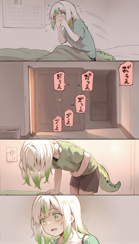 <lora:midis_MorningSickness_V0.1[IL]:1>,morningsickness, <lora:midis_Midori_V1[IL]:1> , midori, white hair, hair down, tail, masterpiece,best quality,amazing quality,very aesthetic,absurdres,newest,