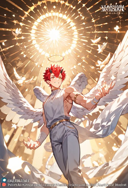<lora:Expressive_H:1>,Red hair,horns,<lora:ShutenParadiso_Guardian:1>,from_below,foreshortening,muscular male,(sunlight),(angel),dynamic angle, floating, wing, halo, floating white silk,(Holy Light),silver stars,, 1boy, male focus, character name, series name,best quality, amazing quality, best aesthetic, absurdres,score_9,score_8_up,score_7_up,