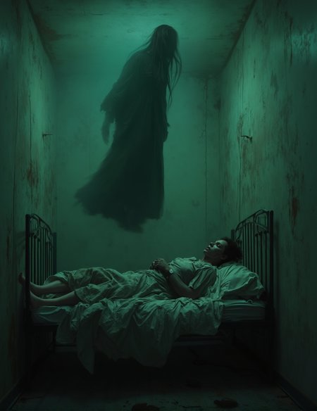  a haunting, supernatural scene set in a dingy, eerie room. The room is poorly lit with a sickly green hue, enhancing the atmosphere of horror. In the upper part of the image, a figure is levitating in mid-air, parallel to a metal-framed bed. The figure is dressed in a long, dark gown, and their hair hangs limply downward, obscuring their face, which contributes to the unsettling nature of the image.

on the bed, another person is lying on the bed, looking up in terror at the levitating figure. This person appears scared, wearing tattered clothes,  The bed and walls are grimy and stained, adding to the sense of decay and neglect.

The overall atmosphere is dark, mysterious, and ominous, invoking a sense of supernatural horror or possession.