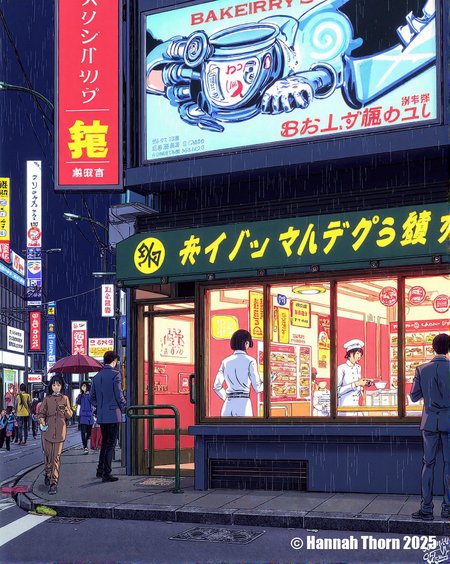 A vibrant, anime-inspired illustration of a futuristic bakery. In the foreground, a young woman with gravity-defying blue pigtails and robotic arm serves a cyborg pastry chef a steaming cup of cyber-matcha. The bakery is filled with hovering pastries, neon signs displaying calorie counts, and customers with augmented reality glasses. Outside, a rain-slicked street reflects the bakery's vibrant glow and the towering holographic advertisements above. A lone salaryman with an umbrella hurries past. The style blends the energy of Tokyo street fashion with the meticulous detail of a Studio Ghibli background. Emphasis on dynamic lighting, intricate details, and a sense of whimsical futurism. <lora:_Flux\_Painting\Crepax_Valentina.safetensors:1.0:1.0>