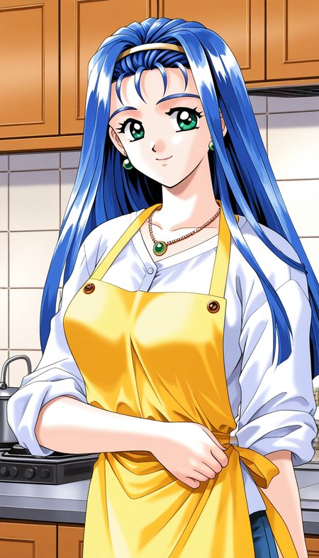 general,highres, ultra-detailed,very aesthetic,best quality ,best hands,  BREAK <lora:Yamashita_Minatsu_IS:1>YamashitaMinatsu, 1girl,solo, blue hair, long hair, hairband, jewelry, green eyes, earrings, large breasts, 1990s (style), 
1girl, solo, Yellow apron, smile, shirt, white shirt,  looking at viewer, blue eyes, sleeves rolled up, necklace, upper body, 
kitchen,
down arms,