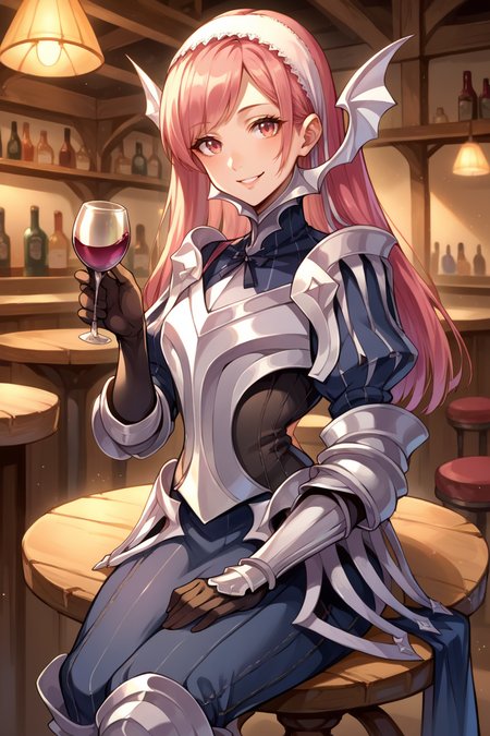 score_9, score_8_up, score_7_up, score_6_up, source_anime BREAK 1girl, solo,  <lora:fecherche-pdxl-nvwls-v1-000005:1> defcherche, pink hair, white hairband, headgear, armor, armored dress, gauntlets, black gloves, armored boots, sitting, bar, tavern, sitting in chair, table, wine, wineglass, looking at you, smile