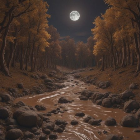 chocoslime, chocolate, blender style, 4k, a big, a beautiful landscape in octor, brown trees, brown mountains, river, night sky, moon