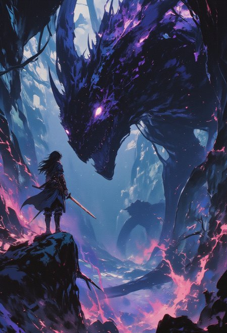 A young warrior standing on a rocky outcrop, gripping her sword tightly as she faces a massive, dark dragon with glowing eyes. The scene is filled with swirling light and magical energy, creating an intense and otherworldly atmosphere in the cave. (surreal fantasy style).
ne0nfant4sy <lora:RetroAnimeFluxV1:0.5> <lora:NeonFantasyFLUX:0.3>