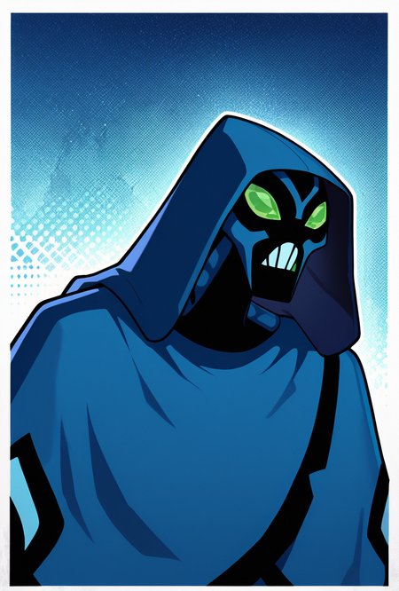<lora:bigchill-07:1> bigchill, solo, 1boy, green eyes, blue skin, no humans, green sclera, teeth, no pupils,, hood, blue cloak, blue background, dynamic pose, masterpiece, best quality, amazing quality, very aesthetic, absurdres, newest,, upper body, halftone effect, white borders, abstract background:1.2,