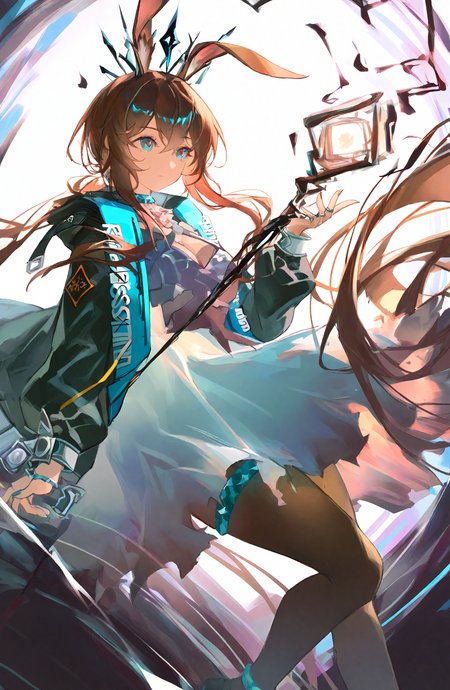 amiya_\(arknights\), 1girl, solo, long_hair, blue_eyes, brown_hair, long_sleeves, dress, holding, animal_ears, hair_between_eyes, jewelry, very_long_hair, jacket, sidelocks, pantyhose, open_clothes, rabbit_ears, open_jacket, black_jacket, black_pantyhose, feet_out_of_frame, ascot, crown