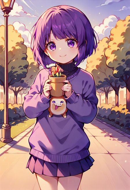 core_9, Score_8_up, Score_7_up, 1girl, solo, original anime, mion, Kiki girl, short hair, purple hair, (purple eyes: 1.1), skirt, pleated skirt, purple skirt, sweater, purple sweater, smiling, playing in a park, beautiful sky, chibi