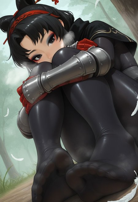 outdoors, undershirt, falling feathers, black bodysuit, hair stick, hugging knees, knees to chest, gauntlets, eyeshadow, red gloves, two sides up, black capelet, red hairband, black eyes, 1girl, solo, feet, visible breath, dynamic angle, foreshortening, smell, steam,onkinky